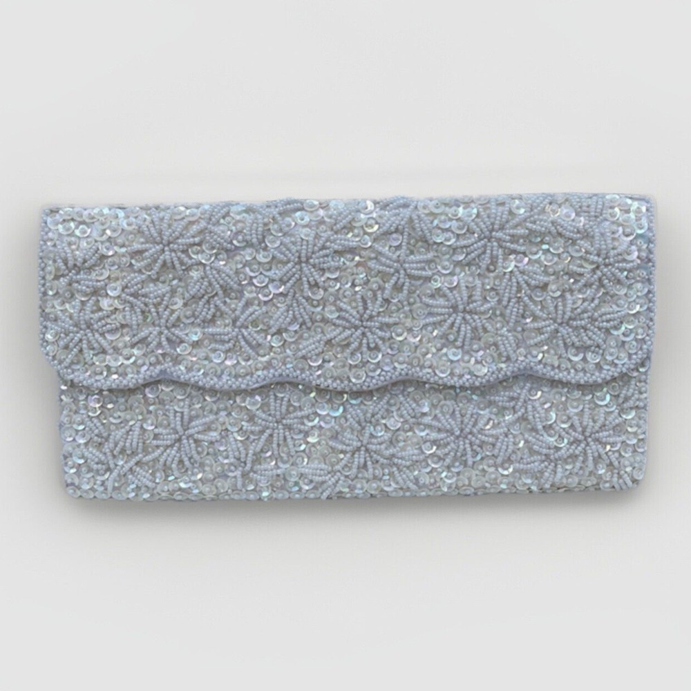Beaded Sequin Clutch Purse Wedding Formal Vintage Ivory Satin Seed Pearl